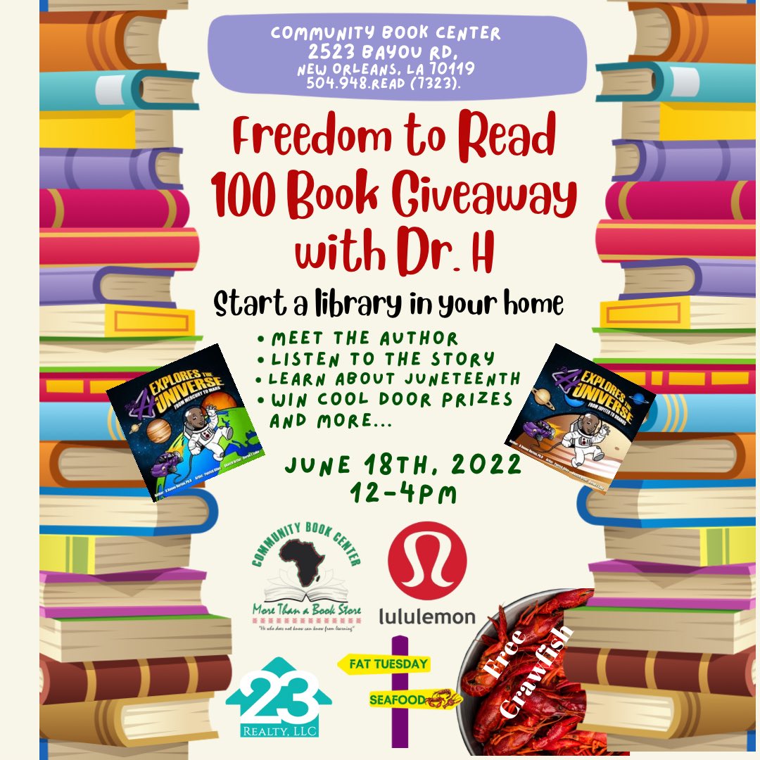 DrHexplores's tweet photo. Freedom to Read 📚 

Our first book event of many for the summer happening on June 18th at the @cbc.nola sponsored by @lululemon, @fattuesdaymobiledetailing and 23 Reality LLC. https://t.co/EFoST6xUIH