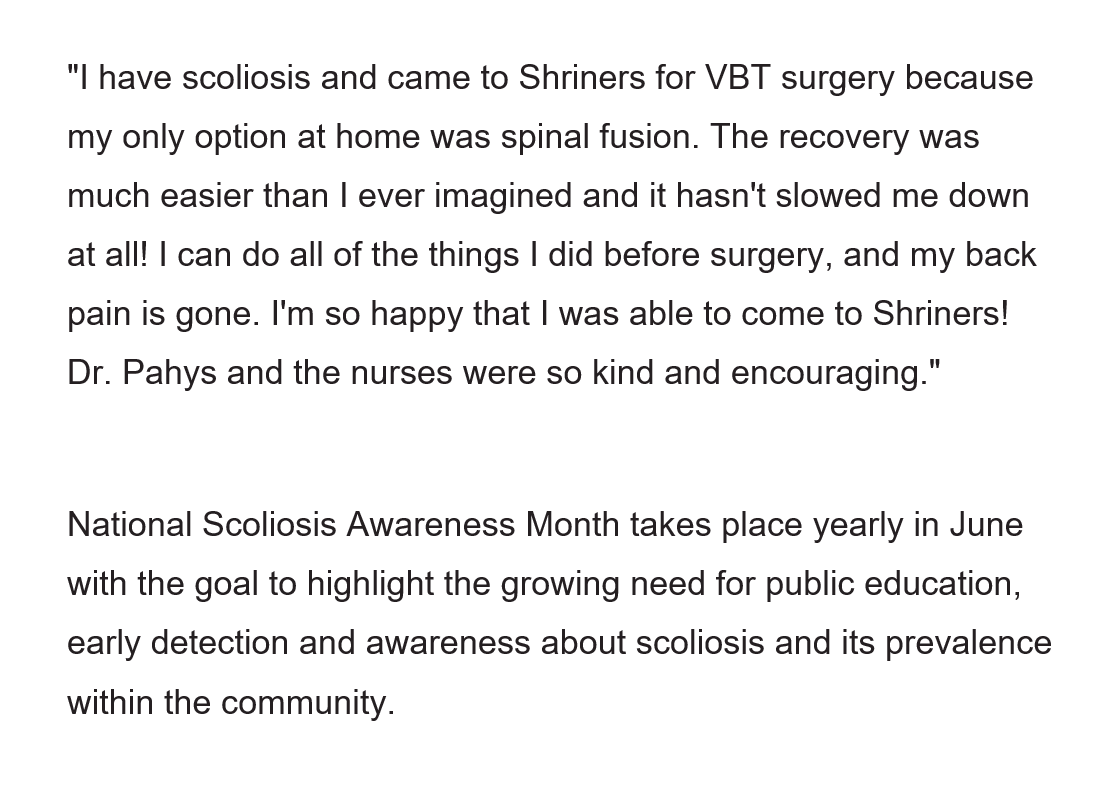 shrinersphilly's tweet photo. Cora, a 15-year-old scoliosis patient, wanted to share some of her care journey for National Scoliosis Awareness Month. Here's what Cora had to say. #Scoliosis #VBT #BentNotBroken #SRS #Awareness #ScoliosisAwarenessMonth @SRS_org https://t.co/9WjAnJACMp
