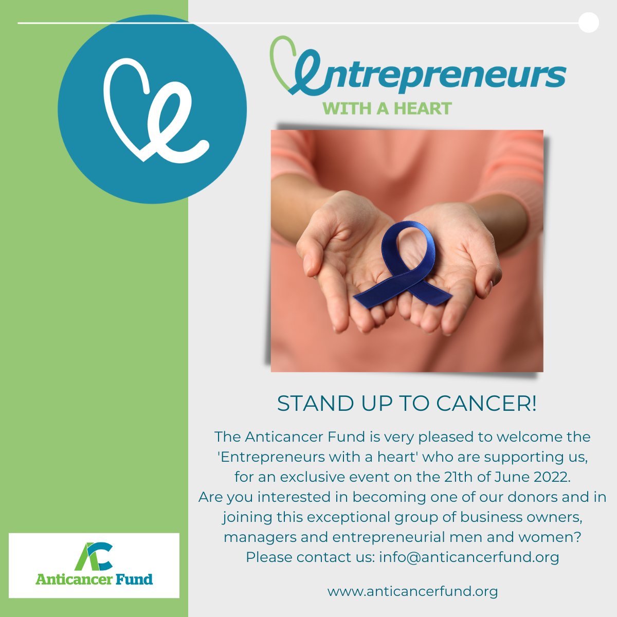 We are looking for partners who believe in our work. With this purpose, we launched the ‘Entrepreneurs with a heart’ sponsorship platform, which makes it possible for #entrepreneurs, managers and companies to contribute to improving lives of #cancer patients in an impactful way.