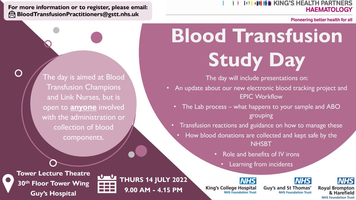 KHP Haematology (@khphaematology) on Twitter photo On Thursday 14th July, KHP Haematology will be hosting a Blood Transfusion Study Day at Guy’s Hospital, London. Although the day is now fully booked, please still register your interest in case a slot becomes available! (for internal KHP staff only) #bloodtransfusion <a href="/kingshealth/">King's Health Partners</a> On Thursday 14th July, KHP Haematology will be hosting a Blood Transfusion Study Day at Guy’s Hospital, London. Although the day is now fully booked, please still register your interest in case a slot becomes available! (for internal KHP staff only) #bloodtransfusion <a href="/kingshealth/">King's Health Partners</a>