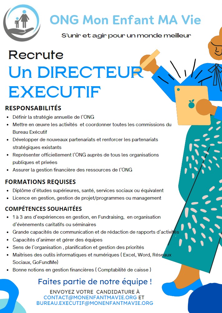 L'ONG Mon enfant Ma vie recrute un directeur exécutif ou une directrice exécutive. Toutes les informations relatives à ce poste sont mentionnées sur la fiche ci-dessous 👇
Merci de postuler ou de partager autour de vous.

#MonEnfantMaVie 
#appeldoffres