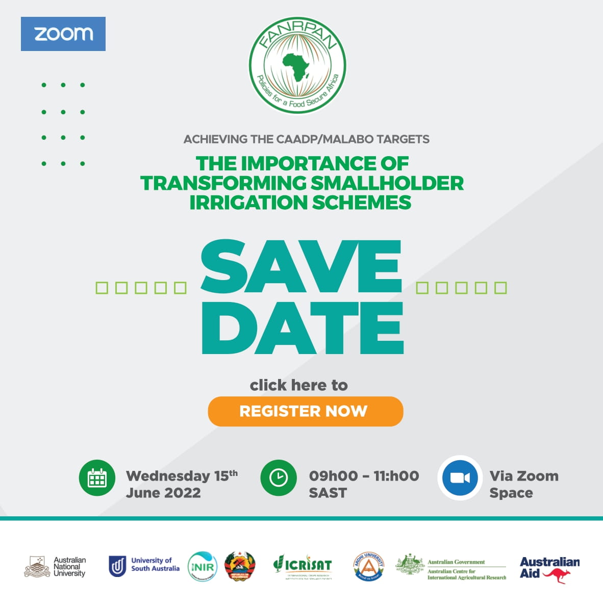 FANRPAN's tweet photo. FANRPAN & partners invite you to a webinar that seeks to establish the role of smallholder irrigation schemes in ensuring food and nutrition security in Africa.
🗓️ Wednesday, 15th June 2022
⏰9:00 - 11:00 SAST
📱https://t.co/HPJ7iY8mQc
#TISAProject #FANRPAN @AustralianAid https://t.co/EdbswH7N64