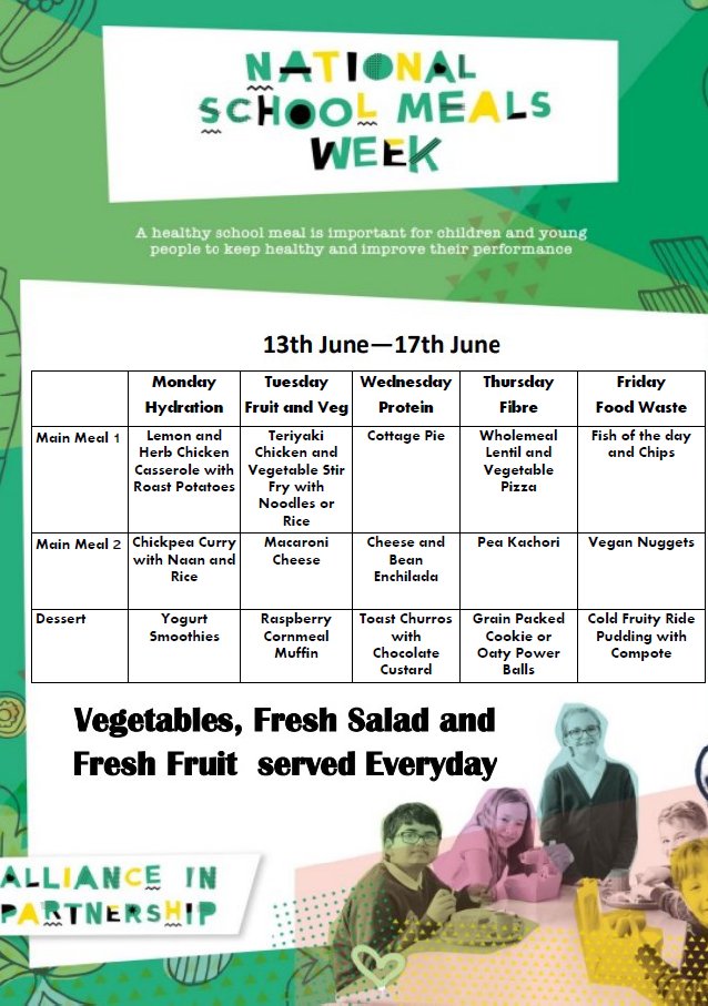 Please see the menu for our Healthy Eating Week. Starting Monday 13th June 2022. 🍏🍊🍌🥑🫑🥕🥦🍅