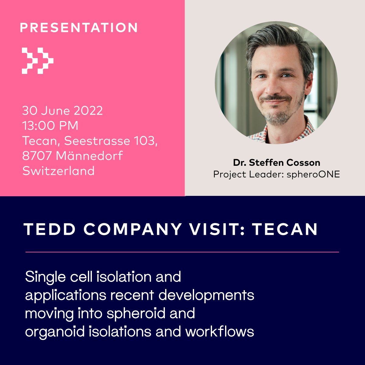 Cellenion's tweet photo. Our Project Leader for spheroONE, Dr. Steffen Cosson will be presenting at Tecan at the end of the month! Be sure to register before June 24th.
Visit this link to register:
https://t.co/7tDq0cEGTc
#spheroid #organoid #spheroONE #singlecell #singlecellisolation https://t.co/8rDkJvO4Fv