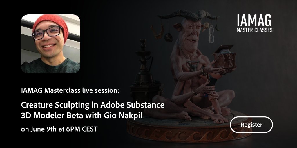 Less than 2 hours left before <a href="/iamagco/">IAMAG</a> exclusive Master Class series with Gio Napkil to learn how to use 3D tool in Adobe #Substance3DModeler to create a character -  bit.ly/3MzvBUn

#characterart #3dart #digitalart #creaturedesign #VFX #MadeWithSubstance