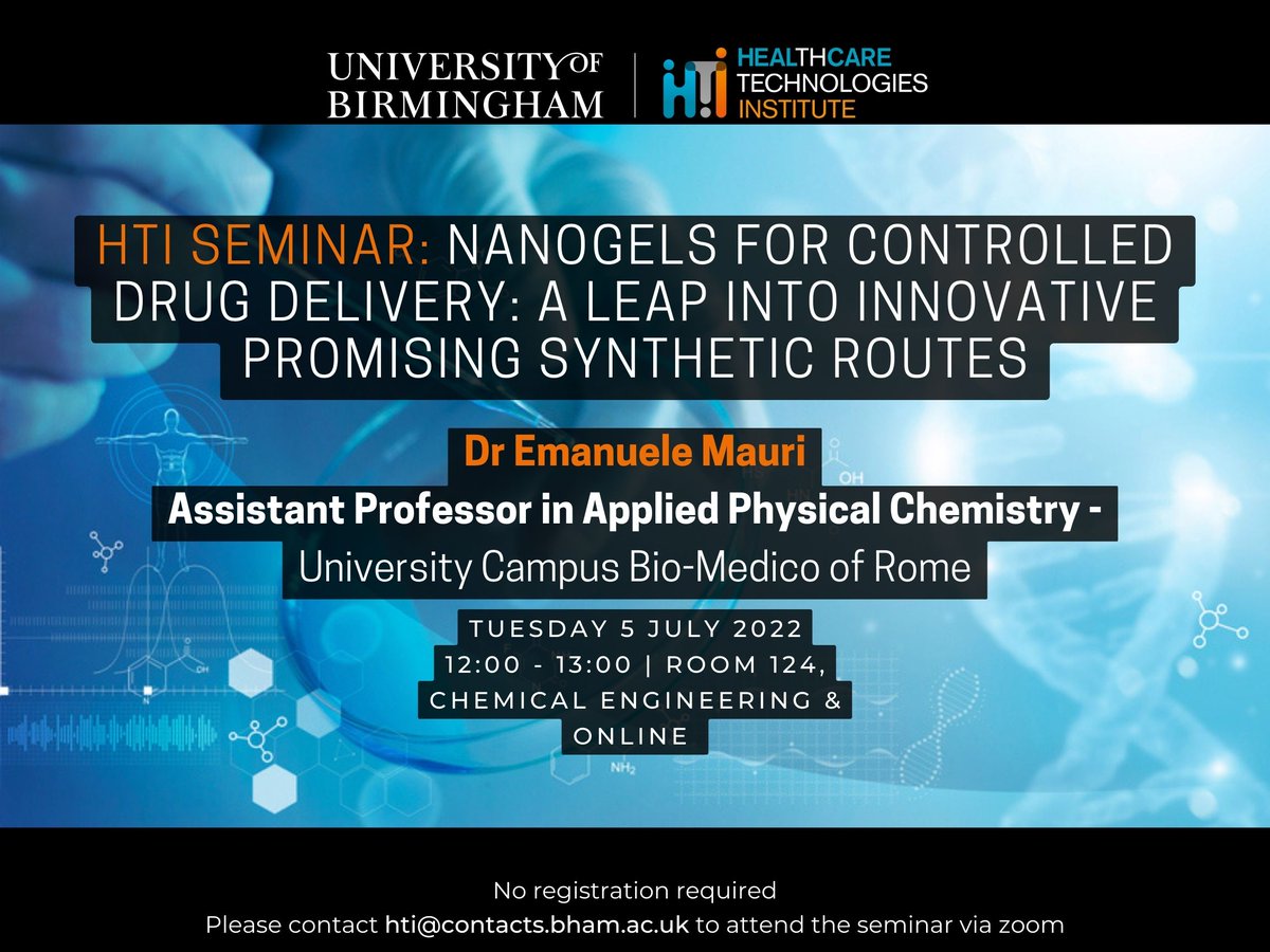 Healthcare Technologies Institute (HTI) (@htibham) on Twitter photo HTI seminar: Nanogels for controlled drug delivery: a leap into innovative promising synthetic routes by Emanuele Mauri at <a href="/CampusBioMedico/">UCBM</a>
When: 5 July 12:00 - 13:00
Where: Room 124, <a href="/ChemEngBham/">ChemEng Bham</a> & online via zoom
<a href="/ZhenyuJZhang/">Zhenyu Zhang</a> HTI seminar: Nanogels for controlled drug delivery: a leap into innovative promising synthetic routes by Emanuele Mauri at <a href="/CampusBioMedico/">UCBM</a>
When: 5 July 12:00 - 13:00
Where: Room 124, <a href="/ChemEngBham/">ChemEng Bham</a> & online via zoom
<a href="/ZhenyuJZhang/">Zhenyu Zhang</a>