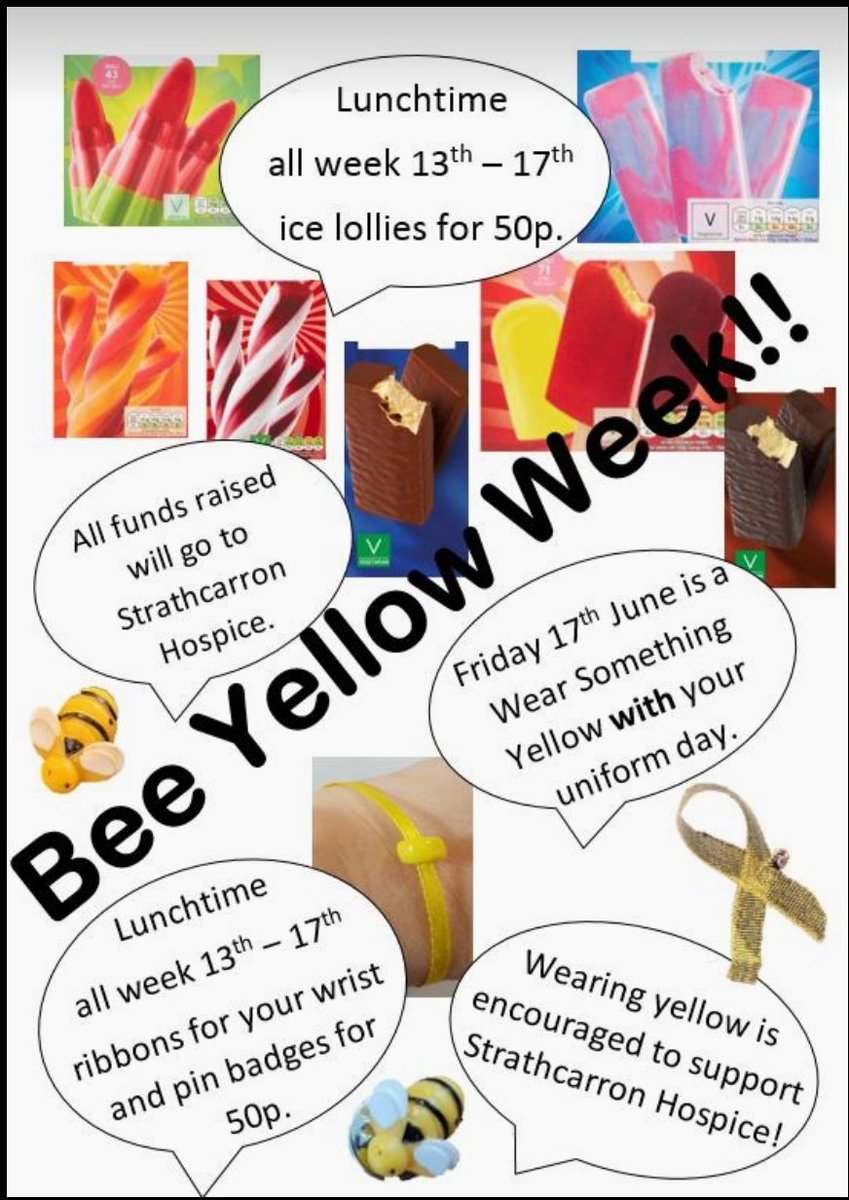 Next week we are raising money for Strathcarron Hospice with a Bee Yellow Week. We will be selling ice lollies, badges, ribbons and wristbands in the Social Space at lunchtimes. #weareFHS