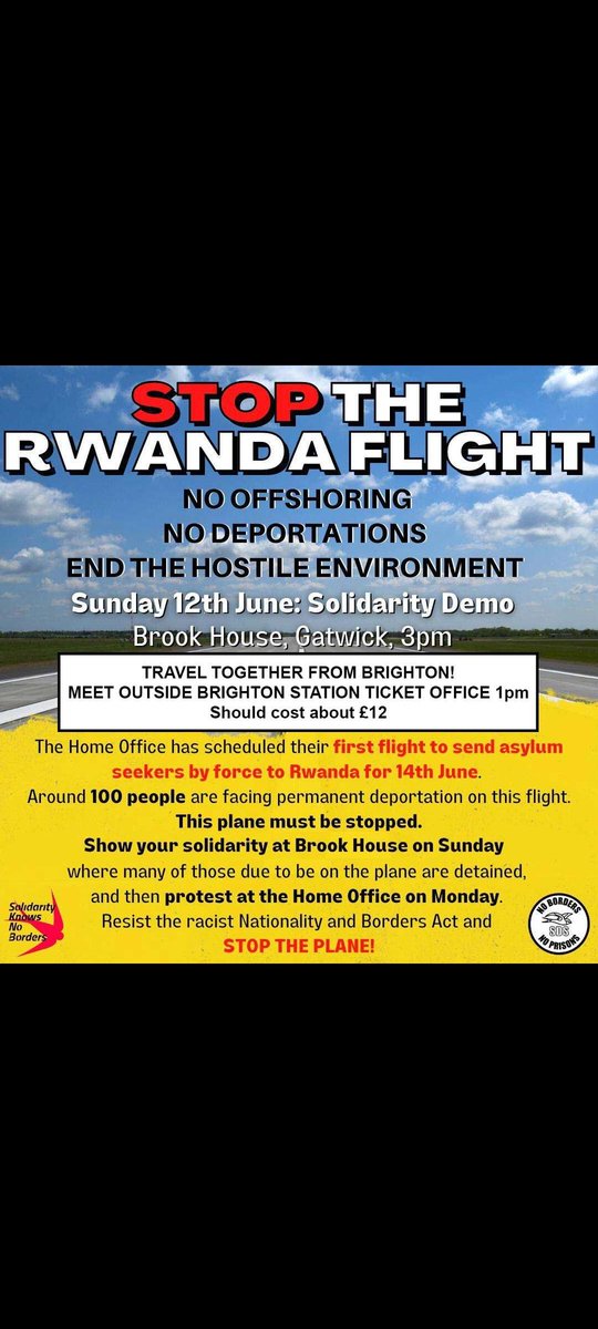 If you're based in Brighton, meet at Brighton station at 1pm on Sunday to travel to Brook House together, to show solidarity with those detained, and say no to deportations.