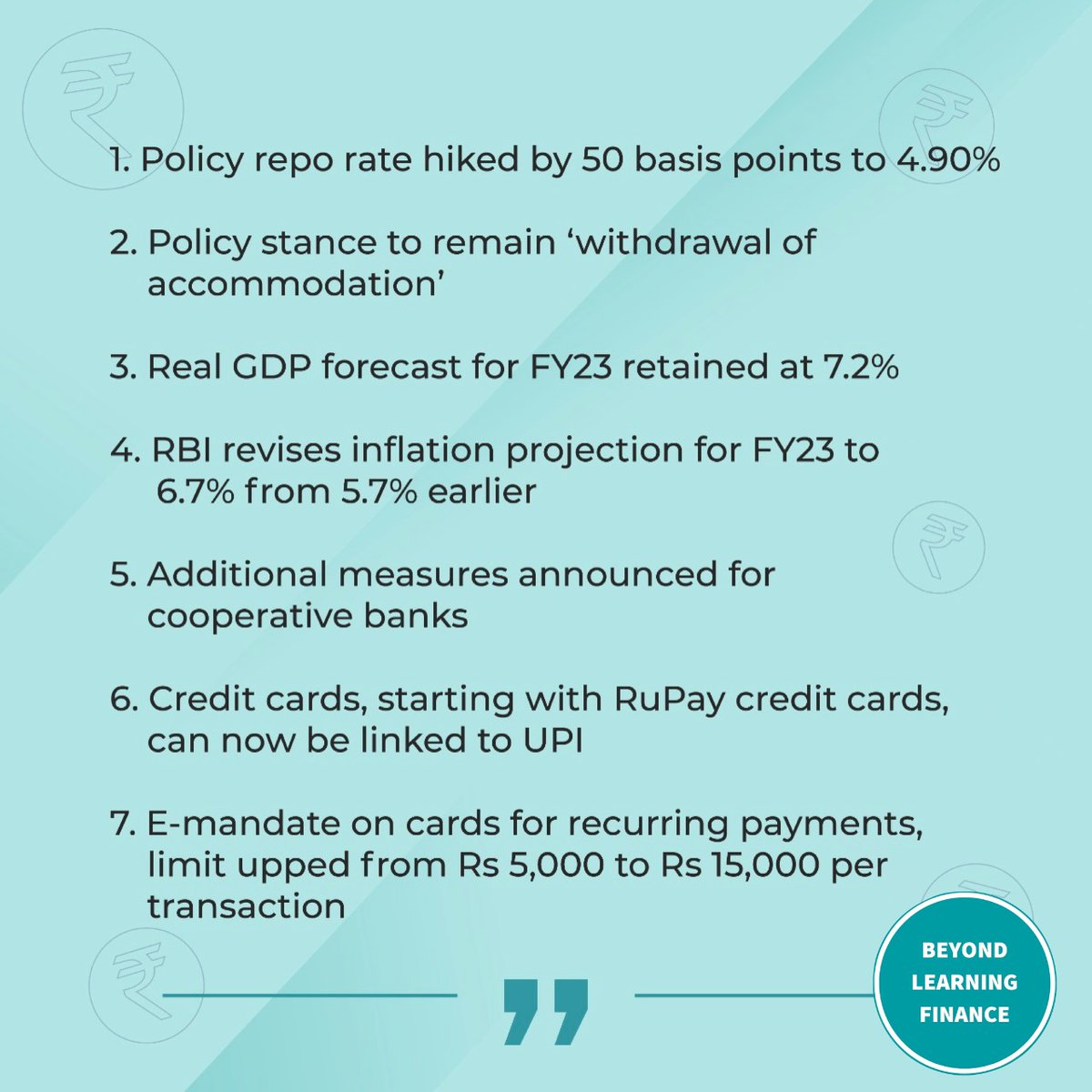 beyondlearningt's tweet image. On June 8, RBI Governor Shaktikanta Das announced the results of the June Policy Meeting and here is what you need to know!
#certifiedfinancialplanner #instamood #cfp #finance #onlinetraining #rbi #rbipolicy #rbi2022 #inflationrate #gdpindia #ShaktikantaDas #RBIGovernor