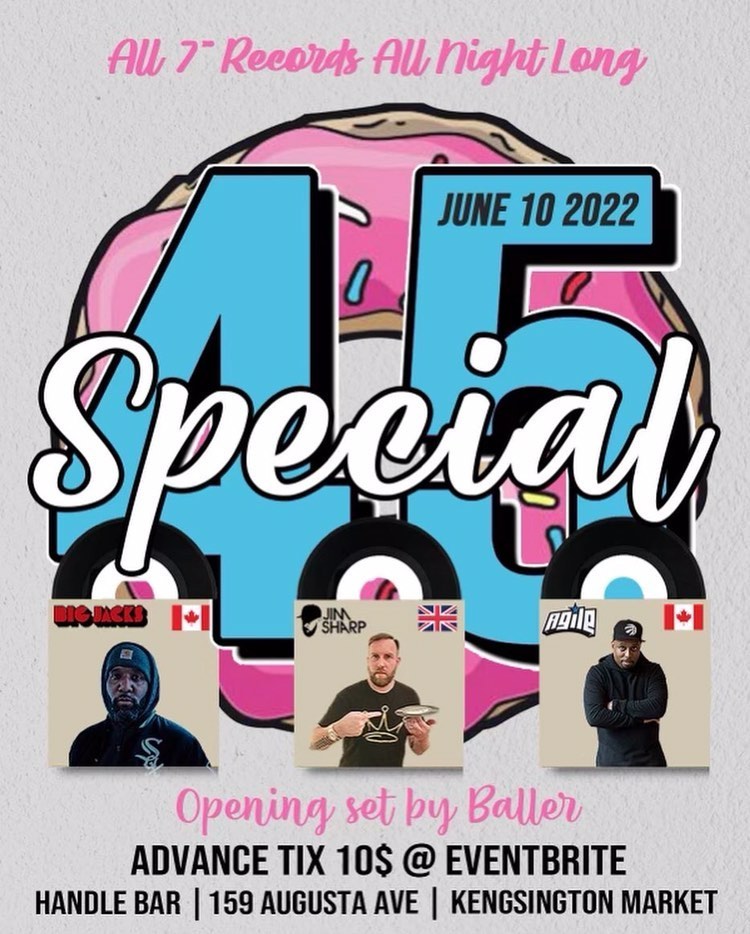 45 Special - a night of all 7" records all night long featuring a hometown appearance by edit king @JimSharpUK plus @DJAgile <a href="/BigJacks/">DJ Big Jacks</a> &amp; #Baller this Friday, June 10th at <a href="/Handlebar_TO/">Handlebar</a> - 159 Augusta Ave <a href="/KensingtonMkt/">Kensington Market</a> #Toronto
👉eventbrite.ca/e/45-special-w…