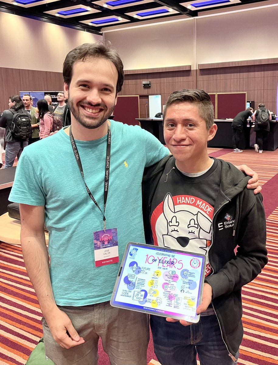 carlogilmar's tweet photo. Finally I had the honor to met in person @josevalim and show him my Graphic Recordings 👌😁 https://t.co/erNcYYmsKD