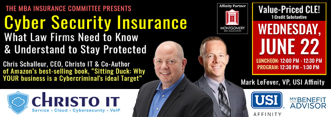 Law firms are easy targets for hackers in 2022. Join Insurance Committee Chair Andrew Lamberton + key execs from MBA Affinity Partners Christo IT &amp; USI Affinity for this timely, value-priced Lunch &amp; Learn CLE for some simple tips on how to stay protected:bit.ly/3tq3WhU