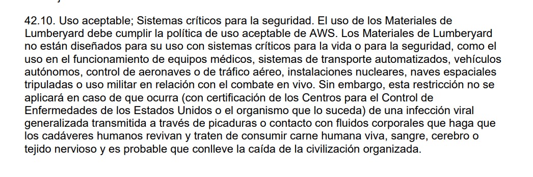 VJulian's tweet photo. AWS (amazon web service) me alegro el día con sus términos y condiciones (p. 42 10) https://t.co/DlnGiHP3L9