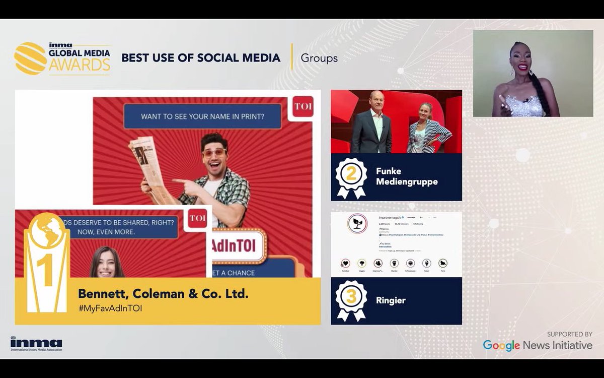INMAorg's tweet photo. First place in Best Use Of Social Media, Groups, goes to Bennett, Coleman & Co. Ltd. for “#MyFavAdInTOI.” https://t.co/bf0Q8aqJ1y #GMA2022 #INMA2022 https://t.co/UbtAA0iwYV