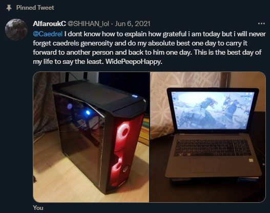 Caedrel's tweet photo. that shit heart warming as hell

1 year later my man is in a team and hit challenger

(met him randomly in soloqueue in master tier last year and he was really struggling irl and playing on a laptop, hooked him up with a new pc and told him to promise me that he'd go pro one day) https://t.co/WLThNQsH0a
