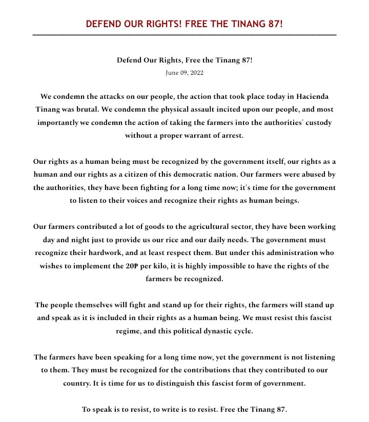 In the recent incident that happened today, people who are speaking up for their rights are being brutally attacked and harassed by the authorities itself. Farmers were harassed in Hacienda Tinang, in Tarlac. I issued a statement. #StopTheAttacks #FreeTinang87