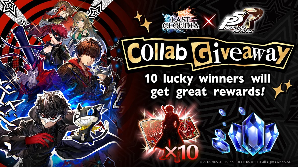 lastcloudiaen's tweet photo. #LastCloudia x #P5R Collab Celebration!

Complete missions to get a chance to be one of 10 people who will win great prizes like 1000 crystals, a Unit 10x Ticket, and more.

Complete missions below to enter!

https://t.co/FlD8K5oBEr https://t.co/YzmhhD4ldS