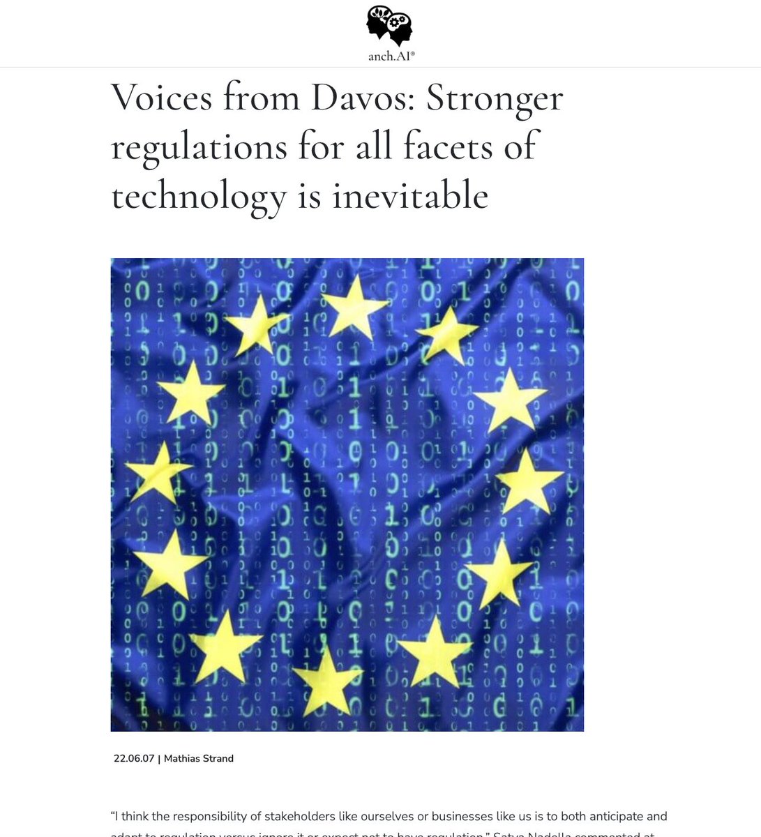 Regulations! get ready or forever lag behind?

Voices from #Davos: Stronger regulations for all facets of technology are inevitable! Such sentiments have been shared by <a href="/Microsoft/">Microsoft</a> CEO <a href="/satyanadella/">Satya Nadella</a>  &amp; our own Head of Policy, <a href="/_mstrand/">Mathias Strand</a> in this blog:

anch.ai/uncategorized/…

#ai