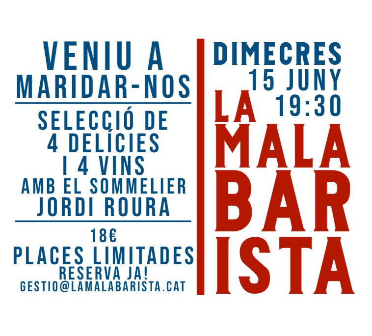 LaMalabarista (@lamalabarista) on Twitter photo Dimecres vinent 15 de juny podeu venir a fer un bon maridatge de la mà del sommelier Jordi Roura. Valdrà molt la pena. Reserveu a gestio@lamalabarista.cat.
Com si fòssiu a casa vostra 😄 Dimecres vinent 15 de juny podeu venir a fer un bon maridatge de la mà del sommelier Jordi Roura. Valdrà molt la pena. Reserveu a gestio@lamalabarista.cat.
Com si fòssiu a casa vostra 😄
