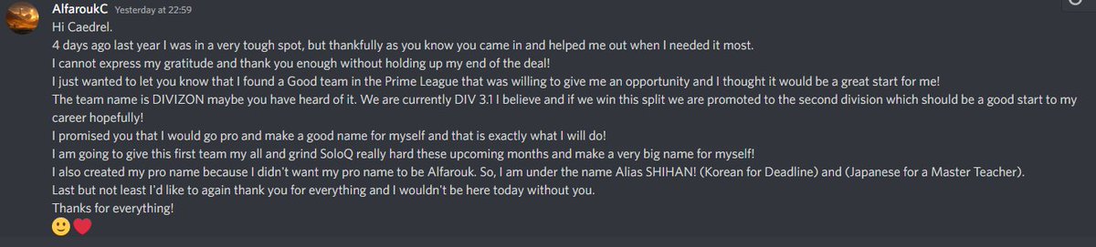 Caedrel's tweet photo. that shit heart warming as hell

1 year later my man is in a team and hit challenger

(met him randomly in soloqueue in master tier last year and he was really struggling irl and playing on a laptop, hooked him up with a new pc and told him to promise me that he'd go pro one day) https://t.co/WLThNQsH0a