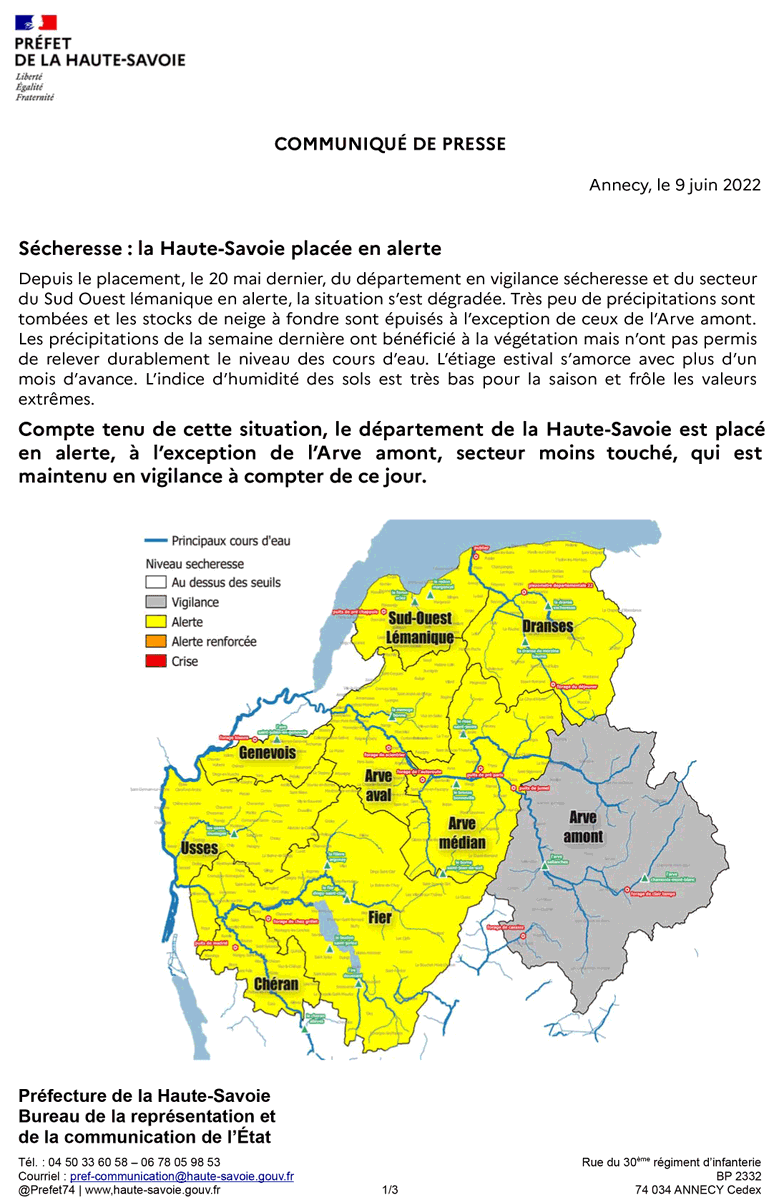 Prefet74's tweet photo. #Sécheresse A compter de ce jour, le département de la #HauteSavoie est placé en alerte, à l'exception de l'Arve amont, secteur moins touché, qui est maintenu en vigilance. L'eau est précieuse, préservons la !
Infos sur les restrictions d'usage ➡️ https://t.co/SSMQOMoyNn https://t.co/HV5D5pDn3R