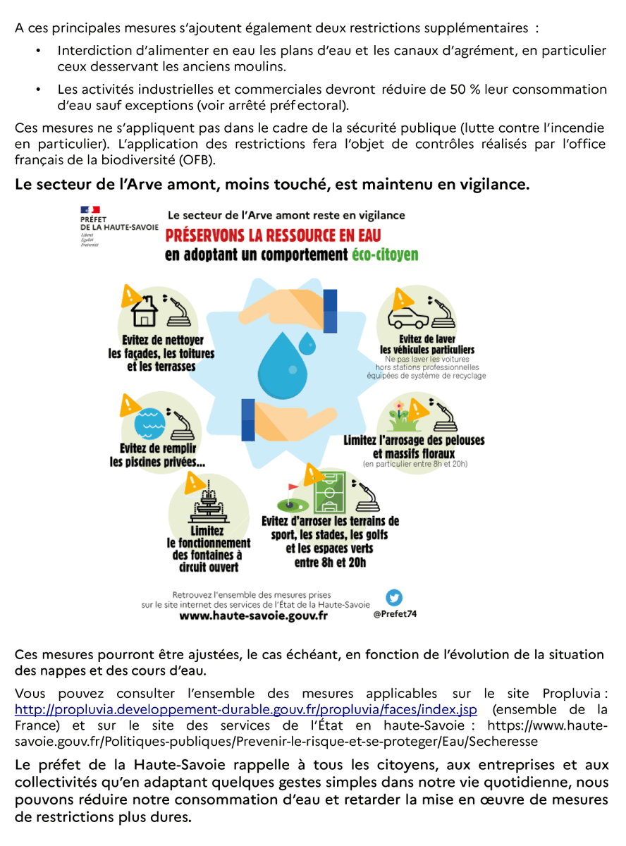 Prefet74's tweet photo. #Sécheresse A compter de ce jour, le département de la #HauteSavoie est placé en alerte, à l'exception de l'Arve amont, secteur moins touché, qui est maintenu en vigilance. L'eau est précieuse, préservons la !
Infos sur les restrictions d'usage ➡️ https://t.co/SSMQOMoyNn https://t.co/HV5D5pDn3R