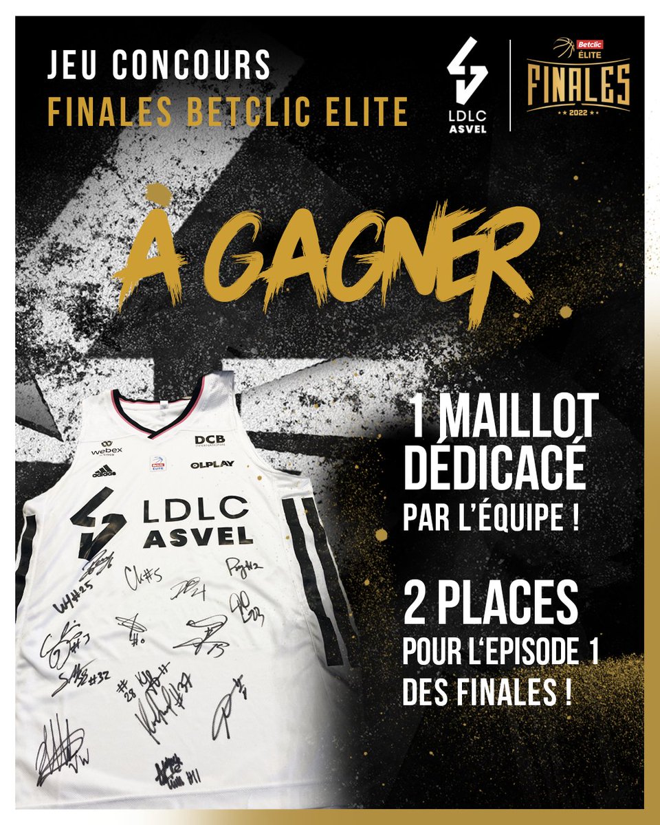 🔜 Les Finales approchent et à cette occasion, nous vous offrons votre maillot dédicacé par l'équipe et 2 places pour l'épisode 1⃣ des #FinalesBetclicELITE ! 🎁😉

👉 Pour participer ⤵
🖱️ Follow <a href="/LDLCASVEL/">LDLC ASVEL</a> 
🔁 Repost ce tweet 
⏱ Attendre le tirage au sort mardi

#LDLCASVEL