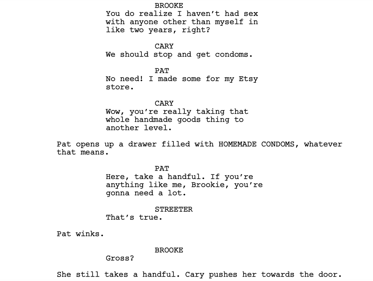 My favorite thing that came out of my #specscript of <a href="/theothertwo/">TheOtherTwo</a>? When it's revealed that Pat is making homemade condoms* (*whatever that means) for her <a href="/Etsy/">Etsy</a> shop. #tvwriting #amwriting #comedy #hbomax