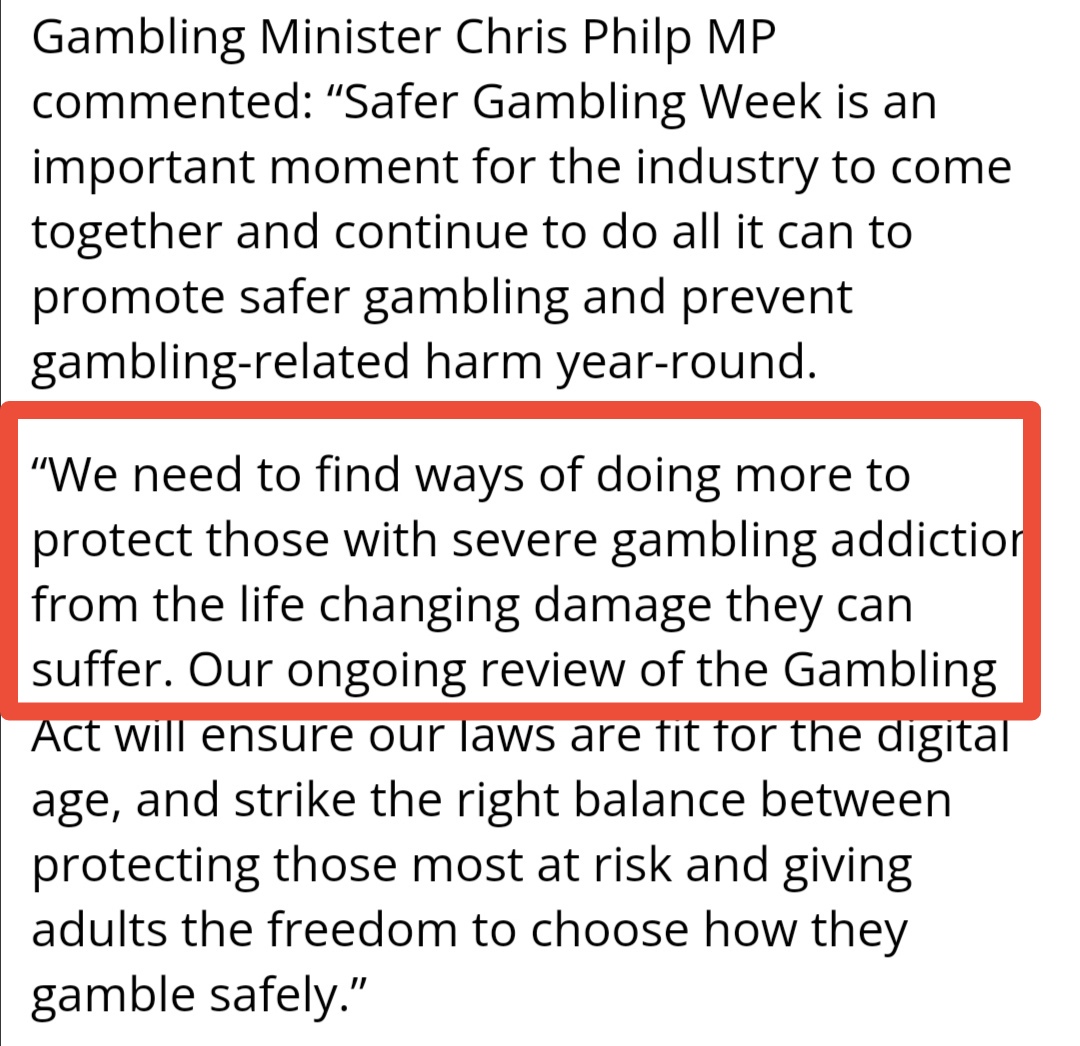 1st Nov &#39;21

⏳



&quot;We need to find ways of doing more to protect those with severe gambling addiction from life changing damage they can suffer. Our ongoing review of the Gambling Act will ensure our laws are fit for the digital age&quot;

&#128064;

White paper &#39;days&#39; away?