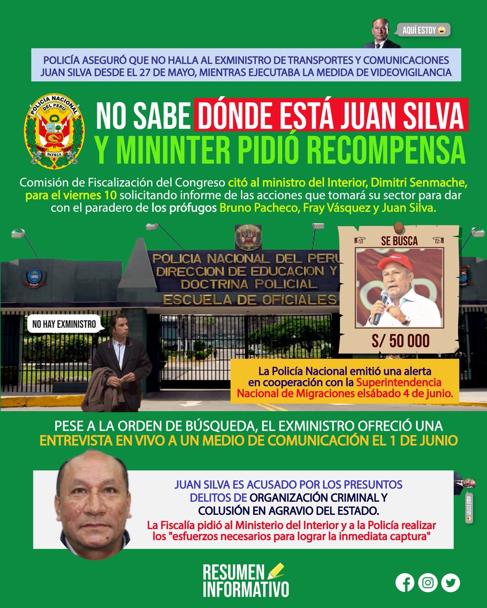 Resumen_info's tweet photo. El exministro de Transportes y Comunicaciones, Juan Silva, fue incluido este miércoles en el Programa de Recompensas del @MininterPeru . Se ofrece 50 mil soles por información sobre su paradero 🤑🤑🤑.

#JuanSilva #fuga #PNP #Mininter #recompensa #Castillo https://t.co/ZCesCi5NB8
