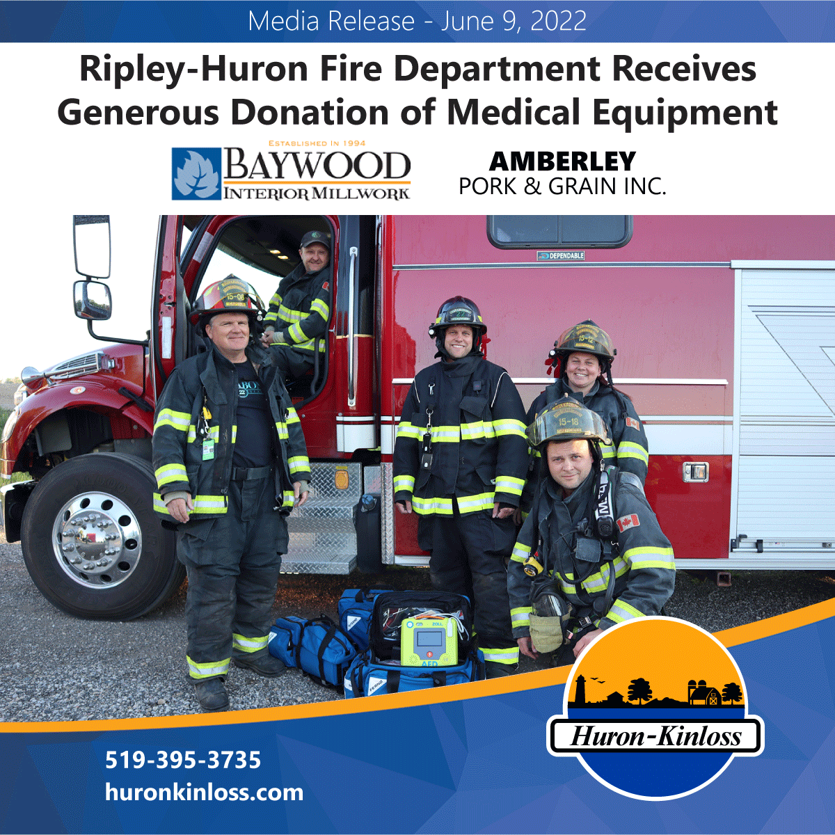 Huron_Kinloss's tweet photo. Firefighters from the Ripley-Huron Fire Department get generous medical equipment donation from Baywood Interior Millwork and Amberley Pork &amp; Grain Inc.
Read more at: https://t.co/zJ8k26J5PR
#RipleyHuronFireDepartment #RHFD #Station150 #VolunteerFire https://t.co/Fivxsa1xiy