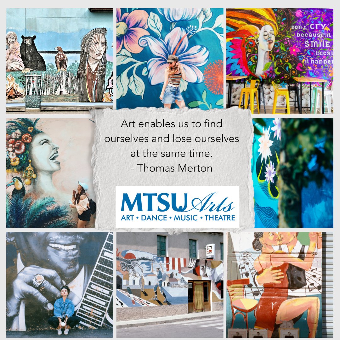 MTSUToddGallery's tweet photo. What was once a blank wall on the side of a building, is now a painted expression of community and culture. Murals on city walls and buildings can make us stop and feel various emotions. They can evoke a smile of joy or a twinge of sadness.
#MTSUart #artallaround #artanddesign https://t.co/JoeebU3PR2