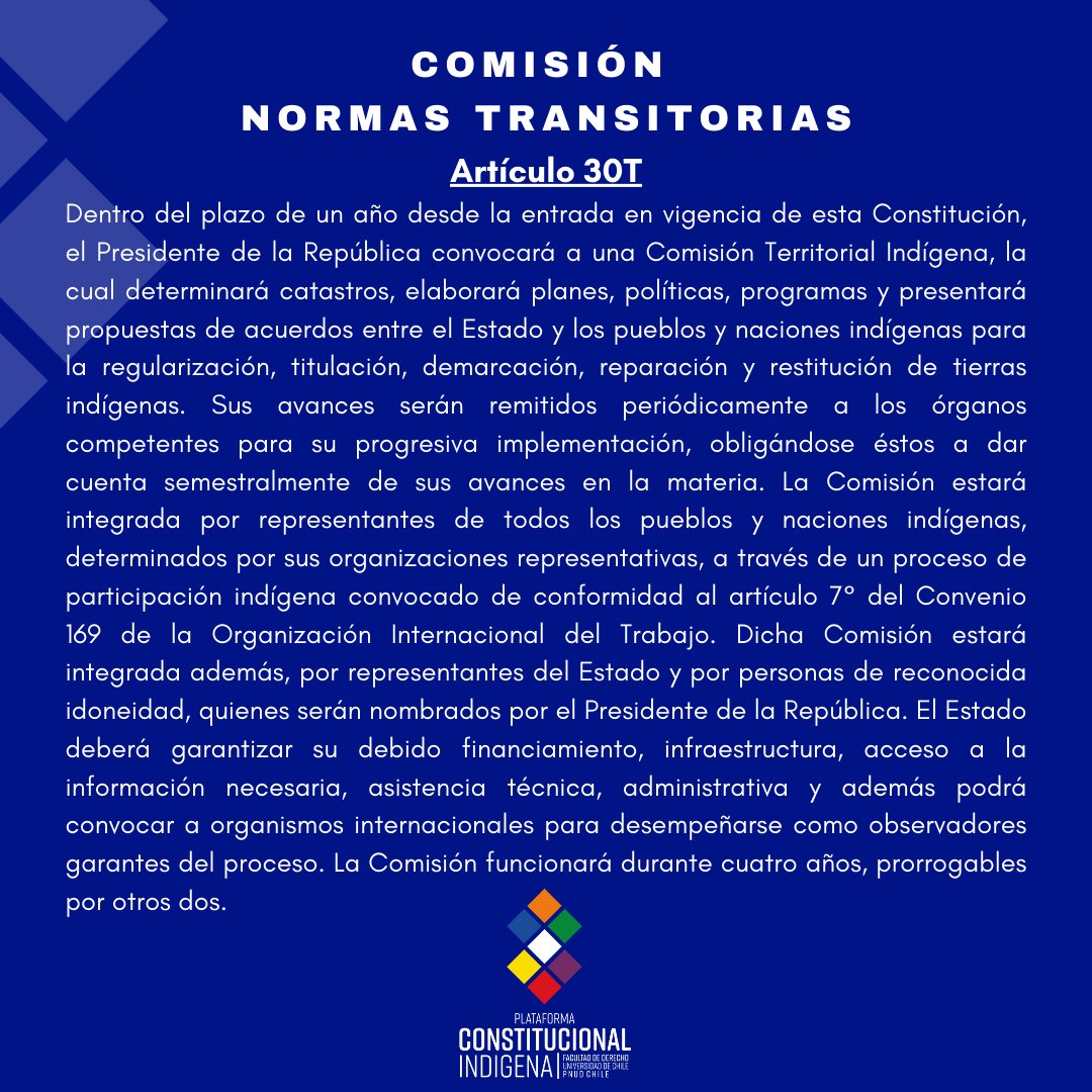 NOTICIAS📰| Ayer, la Comisión de Normas Transitorias deliberó y votó las últimas indicaciones que serán presentadas en su segundo y último informe el martes 1️⃣4️⃣ de junio. Destacamos el artículo 30 T, que aborda los mecanismos para la restitución de tierras indígenas.