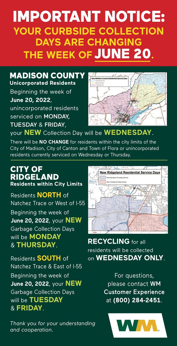 ‼️IMPORTANT NOTICE‼️

CURBSIDE COLLECTION DAYS ARE CHANGING FOR RIDGELAND BEGINNING JUNE 20!