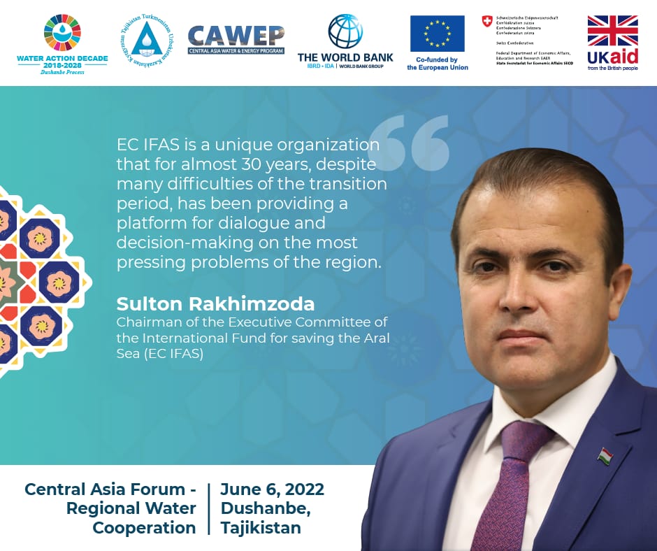 At the 2nd #DushanbeConference on #WaterActionDecade, Chairman of @EC_IFAS & Co-Chair of @DWaterProcess Sulton Rakhimzoda emphasized the importance of regional water cooperation & acceleration of actions to achieve water-related #SDGs. #CAWEP @WorldBankECA @sevimli_o