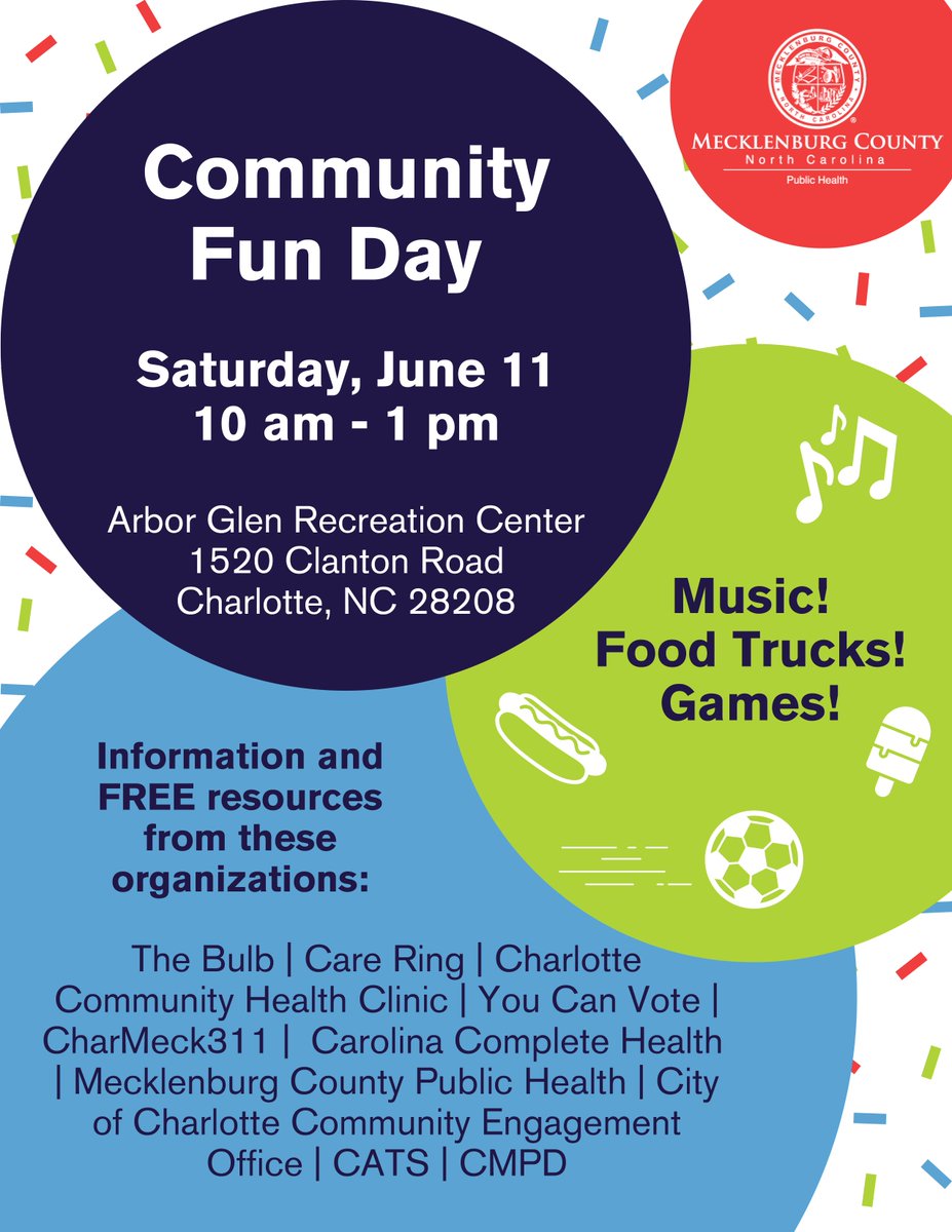 CharMeck 311 and The City of Charlotte Community Engagement Office will be out at a Community Fun Day this Saturday! You can enjoy music, food trucks, and games and receive information from #311 , Community Engagement, and more organizations. #charlotte #engageclt #Community