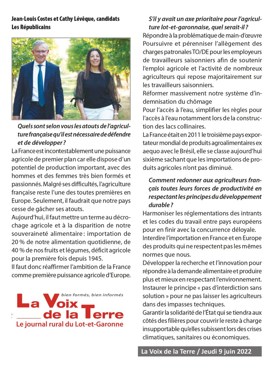 [ #Agriculture ] 
La @Fdsea47 et les @JA47 ont organisé la semaine dernière l'audition des candidats aux élections législatives.
À cette occasion, nous nous sommes prêtés au jeu des questions/réponses pour @LaVoixdelaTerre 

#LaVoixDuTerritoire
