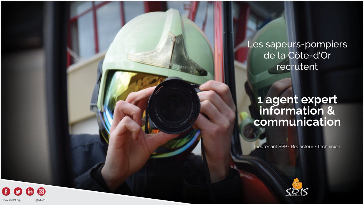 #Recrutement | Le <a href="/sdis21/">Sapeurs-Pompiers de la Côte-d'Or - SDIS 21</a> recrute :
📸 1 agent expert information et #communication 
🎓 Master 1 en communication / métiers de l’information
✍️🏼 Candidature à envoyer avant le 30 juin 2022

ℹ️ Plus d’informations sur bit.ly/Vacance21