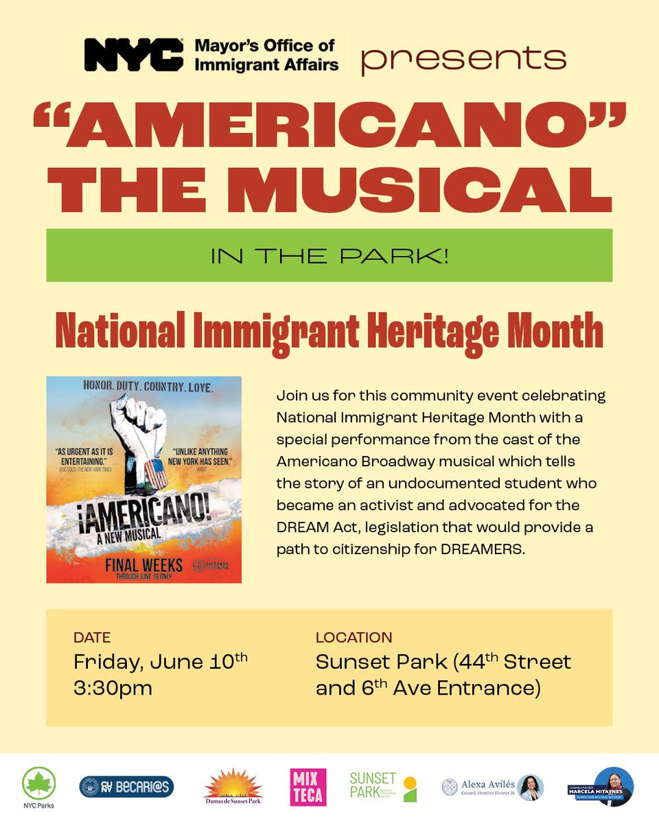 Come see #AmericanotheMusical celebrate National Immigrant Heritage Month in the park! We'll be joining <a href="/NYCImmigrants/">NYC Mayor’s Office of Immigrant Affairs</a> tomorrow June 10th at Sunset Park starting at 3:30pm for a special performance.