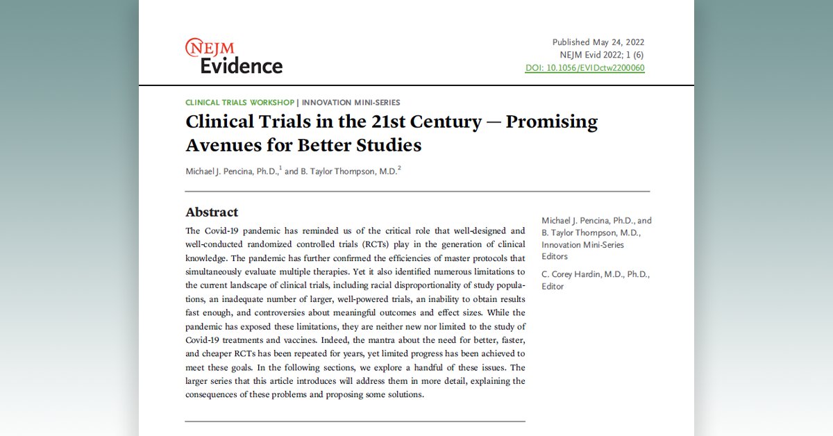 NEJMEvidence's tweet photo. Medical evidence is rooted in #RCTs but there is a pressing need for innovative designs. @PencinaPhd and B. Taylor Thompson, MD, introduce a new series that reviews the most promising innovations in trial design and interpretation. https://t.co/B8N1ICtGhw

#MedTwitter #EBM https://t.co/3Dexa8OjZ3
