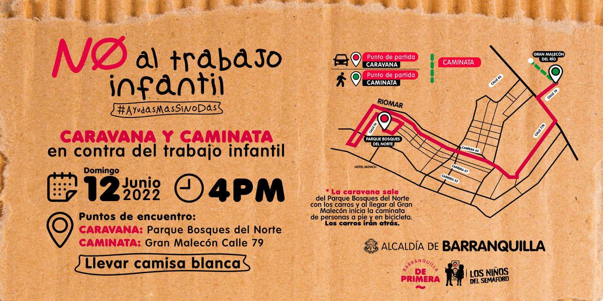 🧐 ¿Eres de los que das porque ¡ay, qué pesar!? Hoy te decimos: ¡No más!‼️

🚫💰Alcemos la voz contra el trabajo infantil. Este domingo 12 de junio el alcalde <a href="/jaimepumarejo/">Jaime Pumarejo</a> y la gestora social <a href="/SilvanaPuelloV/">Silvana Puello Visbal</a> te invitan a la caravana y caminata en contra de esta práctica. 👦👧