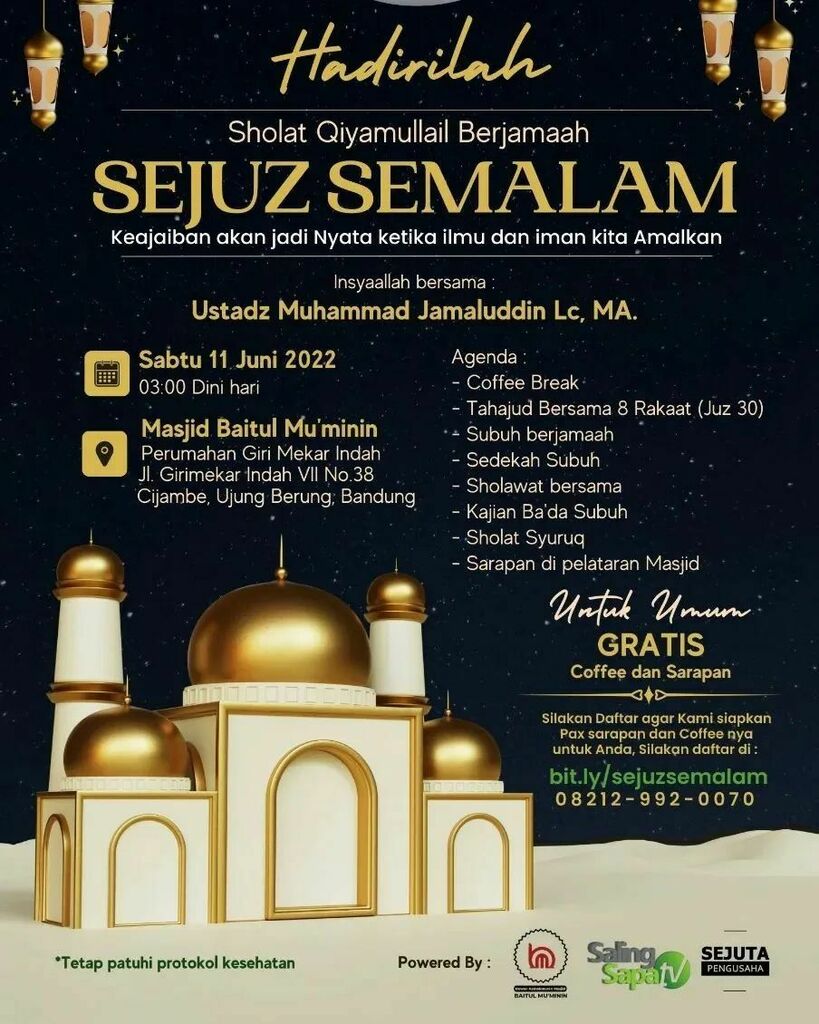 dnmulyadi's tweet photo. Reposted from @sejuzsemalam Sholat Qiyamullail Berjamaah
Sejuz Semalam

Yuk gabung.

Allah Tabaraka wa Ta’ala turun ke langit dunia pada setiap malamnya hingga tersisa sepertiga malam yang terakhir,

Allah berfirman: 
Siapa yang berdoa kepada-Ku, akan Ak… https://t.co/6ybLIZ2mIU https://t.co/SngzjID01O