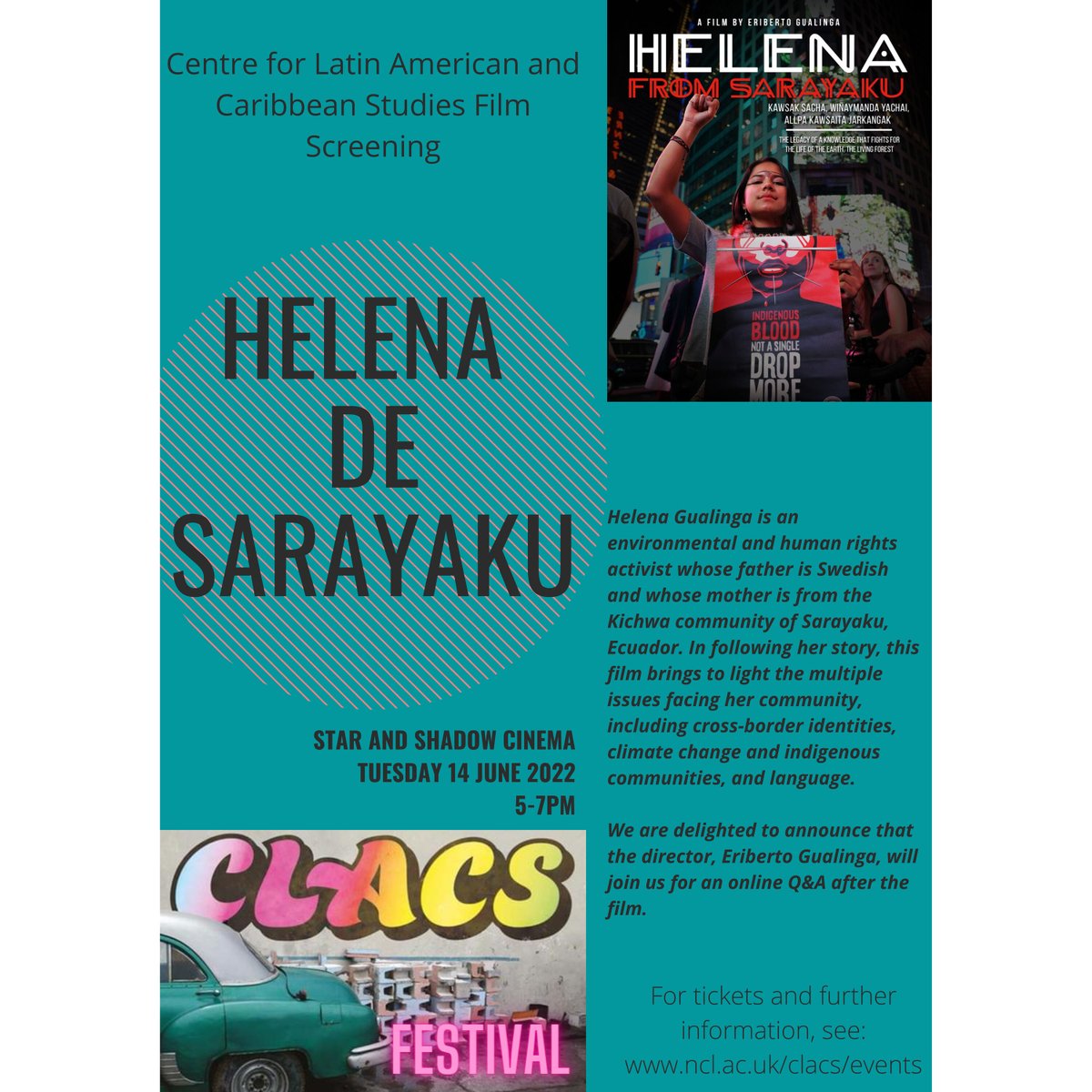 More @CLACSncl goodness

A special free screening of "Helena de Sarayaku" at <a href="/StarAndShadow/">Star & Shadow Cinema</a>  next Tuesday!

There will be a Q&amp;A session after the screening with the director, Eriberto Gualinga. 

Get your free tickets here: 
eventbrite.co.uk/e/film-screeni…