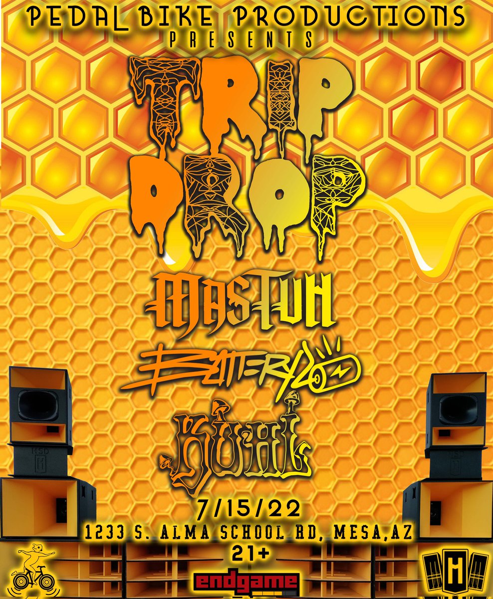 PedalBikeProd's tweet photo. Pedal Bike Productions is pleased to present our first production @Tripdrop1 with support from @mastuh_dubz, @BatteryLo_ and Kuhl! Join us for a night of saucy bass at EndGame Mesa on the @HennesseySound RumbleBee! 

Tickets available at https://t.co/hz1YRnzqlO

#HSDSoundSystems https://t.co/HQ65GKlzLb