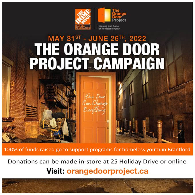 The <a href="/HomeDepotCanada/">Home Depot Canada</a> #OrangeDoorProject is back! From May 31 to June 26, you can support youth experiencing homelessness in Brantford by donating today instore at the 25 Holiday Drive store or online orangedoorproject.ca. Thanks very much!