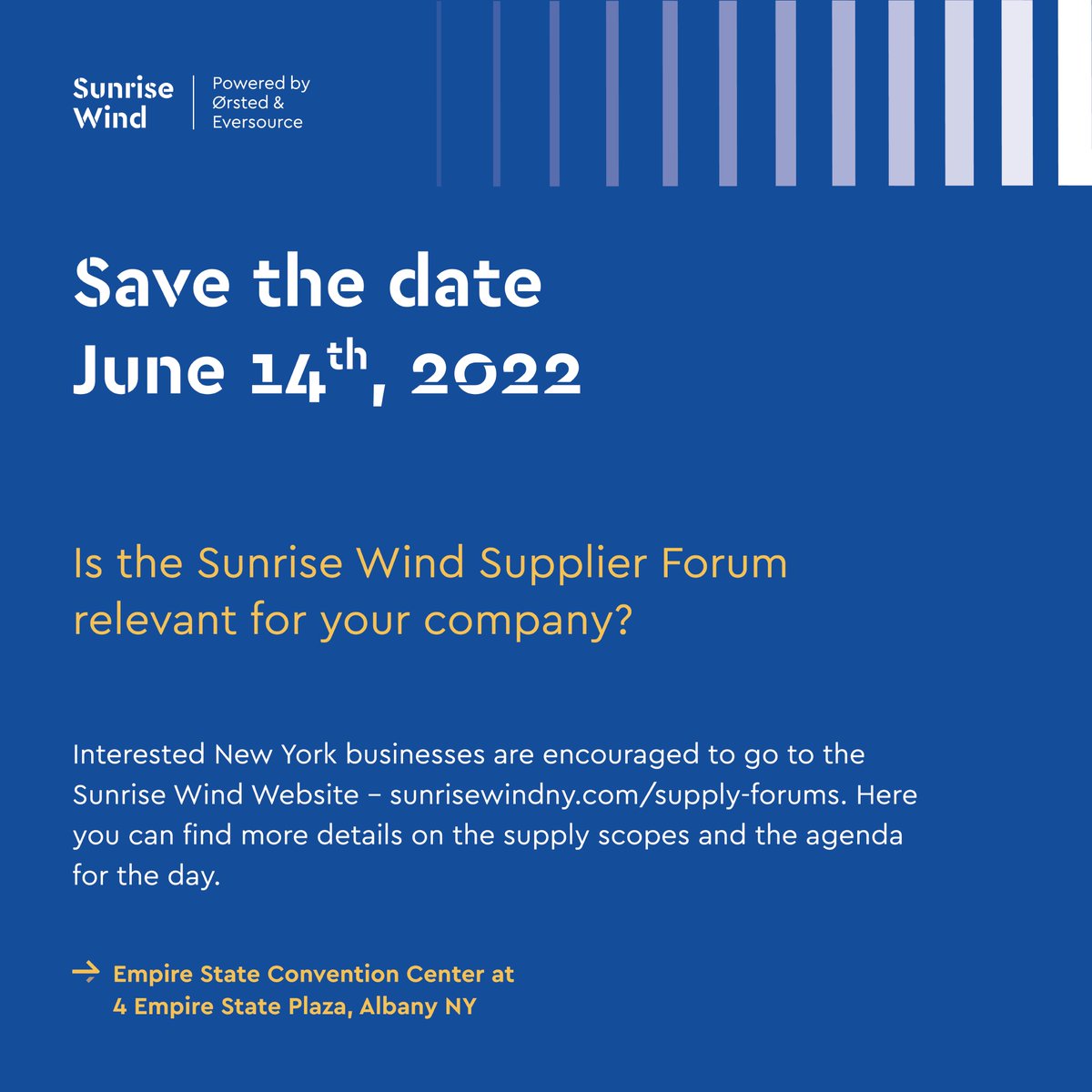 Next week at the State Capitol, #SunriseWind, our sister project, will host the first of three supply chain forums! Be a part of New York's offshore wind future and hear from your potential business partners! sunrisewindny.com/supply-forums