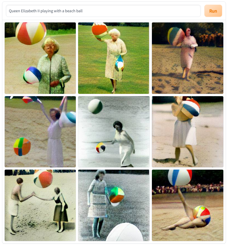 insidecircles's tweet photo. Queen Elizabeth II playing with a beach ball. #dalle #dallemini https://t.co/Qou55xrMgX