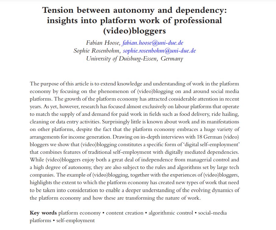 wgejournal's tweet image. Do you want to learn how the evolving dynamic of the #PlatformEconomy is transforming the nature of work?

🌟READ🌟 how #VideoBloggers navigate #BigTech, #Algorithms and #SelfEmployment. 📷⬇️
doi.org/10.1332/273241…

@fab_hoo @rosensoph @iaq_due @unidue @FES_FoW
#ContentCreators
