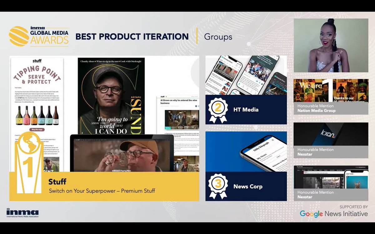 INMAorg's tweet photo. First place in Best Product Iteration, Groups, goes to @NZStuff for “Switch on Your Superpower – Premium Stuff.” https://t.co/AeuEKu50xx #GMA2022 #INMA2022 https://t.co/vtXw71FCl5