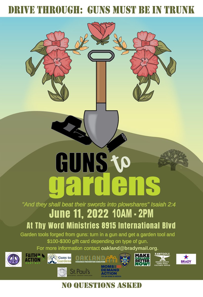 SAVEOakland's tweet photo. A gun in the house can lead to accidental shootings, suicide.  Receive gift cards worth $100 or more and/or a garden tool made from a gun and/or vouchers for A’s tickets at the gun buyback.
NO ID REQUIRED.  NO QUESTIONS ASKED.
Put guns in the trunk of your car. https://t.co/7DMiZyRxvk